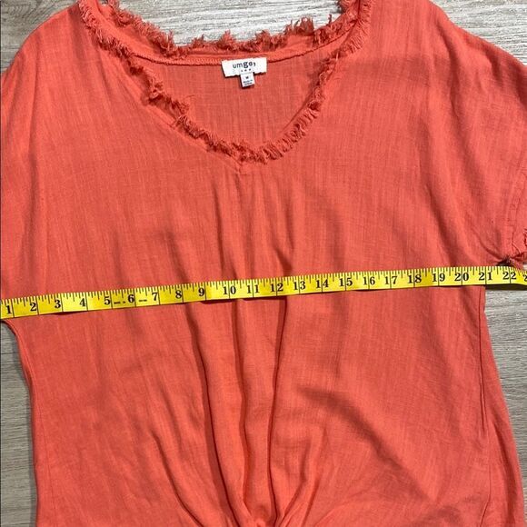 Umgee USA Linen Blend Tie Front Top Medium Orange Fringe Hem Boho Casual Blouse - Picture 8 of 10